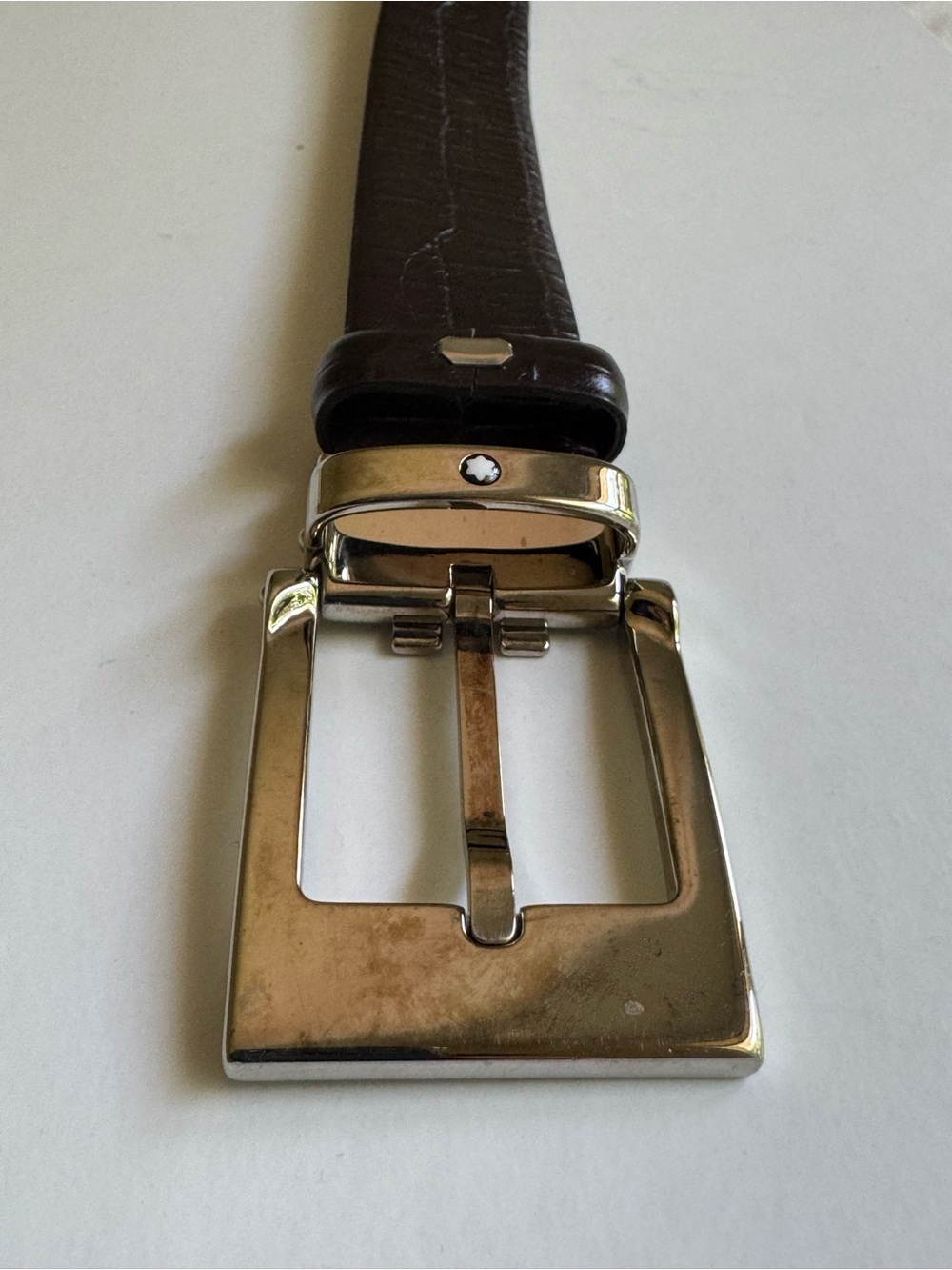 Montblanc Dark Brown Leather Belt with Square Silver Buckle